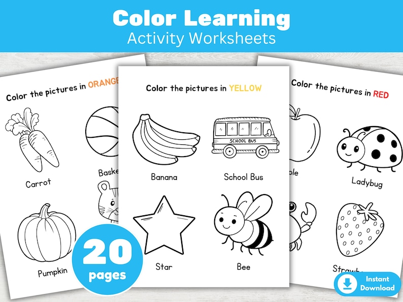 May include: Coloring activity worksheets for learning colors. The worksheets feature line drawings of a carrot, pumpkin, banana, school bus, star, bee, ladybug, and strawberry. The text on the worksheets says "Color the pictures in ORANGE", "YELLOW", and "RED".