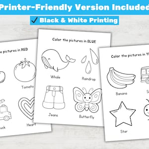 May include: Black and white coloring pages with various illustrations, including a cherry, tomato, whale, raindrop, jeans, butterfly, banana, school bus, star, and bee. The pages are labeled with instructions to color the pictures in red, blue, and yellow.
