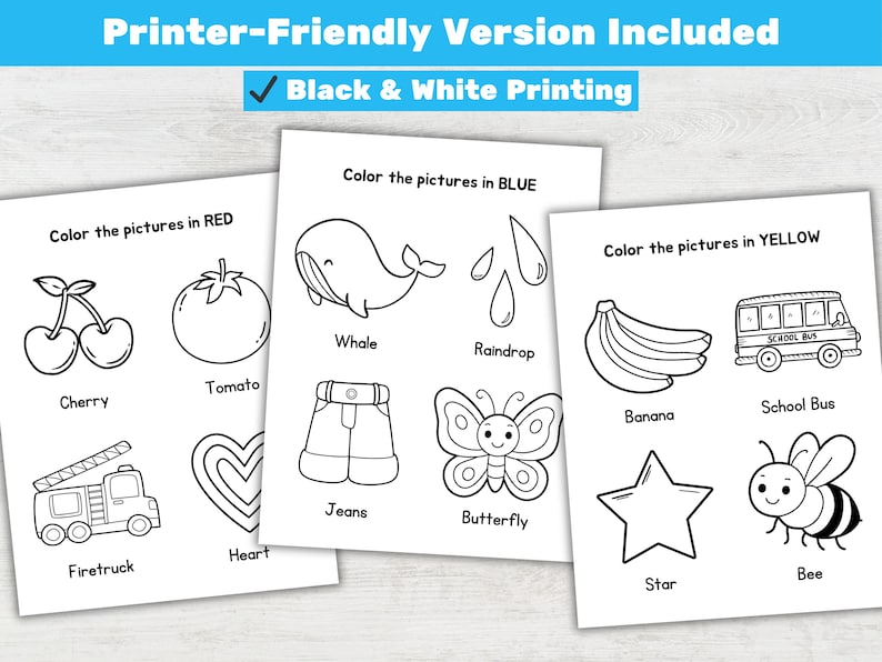 May include: Black and white coloring pages with various illustrations, including a cherry, tomato, whale, raindrop, jeans, butterfly, banana, school bus, star, and bee. The pages are labeled with instructions to color the pictures in red, blue, and yellow.