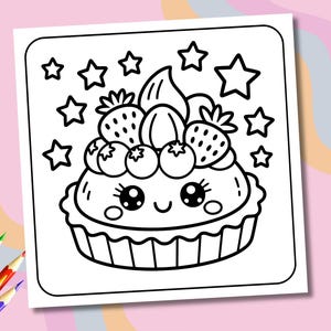 May include: Black and white line art illustration of a cute cartoon dessert. The dessert features a smiling face, topped with strawberries, blueberries, and whipped cream, surrounded by stars. A coloring page for kids.
