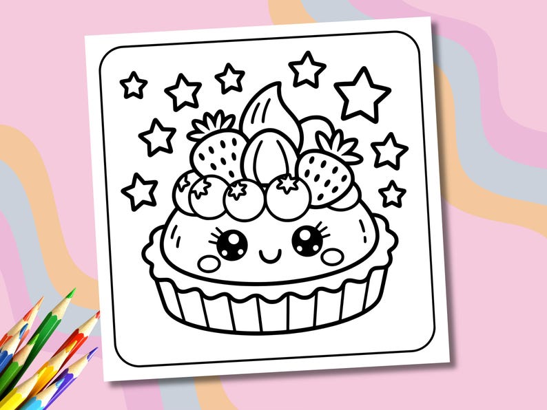 May include: Black and white line art illustration of a cute cartoon dessert. The dessert features a smiling face, topped with strawberries, blueberries, and whipped cream, surrounded by stars. A coloring page for kids.