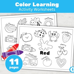 May include: Two black and white activity worksheets for color learning. The worksheets feature illustrations of a banana, apple, bee, ladybug, and other objects. The word "Red" is prominently displayed. Includes 11 pages.
