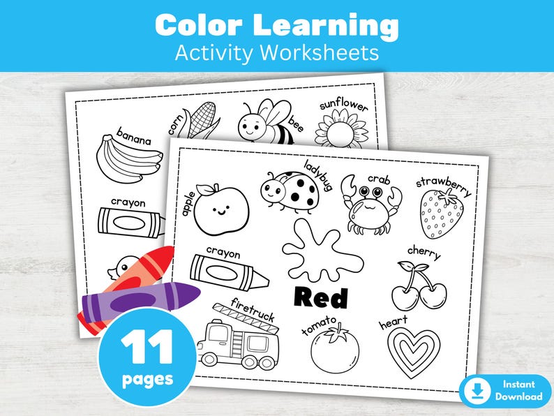 May include: Two black and white activity worksheets for color learning. The worksheets feature illustrations of a banana, apple, bee, ladybug, and other objects. The word "Red" is prominently displayed. Includes 11 pages.