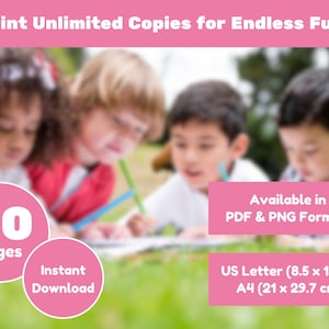 Może przedstawiać: Obraz dzieci rysujących. Tekst: "Print Unlimited Copies for Endless Fun!" i "50 stron." Dostępne w formatach PDF i PNG, US Letter (21,6 x 27,9 cm) i A4 (21 x 29,7 cm). Natychmiastowe pobieranie.