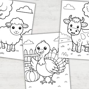 May include: Black and white line art coloring pages featuring farm animals. The pages include a sheep, a cow with spots, and a turkey with a pumpkin. Each page has a simple background with clouds and grass.