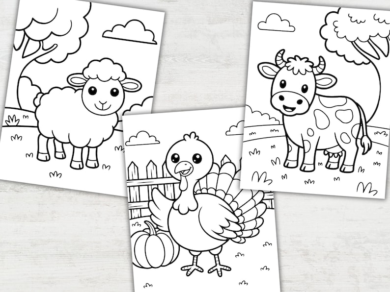 May include: Black and white line art coloring pages featuring farm animals. The pages include a sheep, a cow with spots, and a turkey with a pumpkin. Each page has a simple background with clouds and grass.