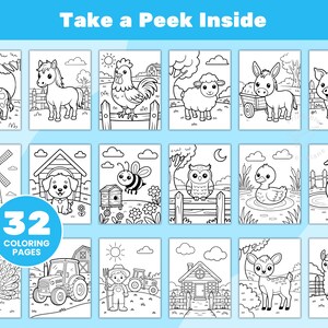 May include: A collection of 32 coloring pages featuring farm animals and scenes. Each page is a black and white illustration of animals like cows, horses, and pigs, along with farm elements. The text "Take a Peek Inside" and "32 Coloring Pages" are displayed.