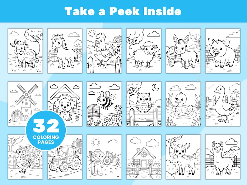 May include: A collection of 32 coloring pages featuring farm animals and scenes. Each page is a black and white illustration of animals like cows, horses, and pigs, along with farm elements. The text "Take a Peek Inside" and "32 Coloring Pages" are displayed.