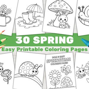 Könnte beinhalten: Ein Set mit 30 druckbaren Malvorlagen mit einfach zu kolorierenden Illustrationen zum Thema Frühling. Die Seiten enthalten Bilder von einem Marienkäfer, einem Schmetterling, einer Schnecke, einem Hasen, Blumen und vielem mehr. Der Text "30 Spring Easy Printable Coloring Pages" wird oben im Bild angezeigt.