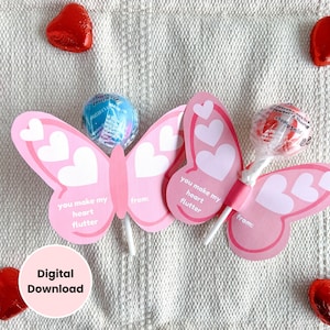 Schule Kinder Valentinstag EDITIERBARE Lollipop Tags Karte druckbar Klassenzimmer Leckerbissen, Geschenk, Vorschule, DIY, niedlicher Schmetterling PDF Printables