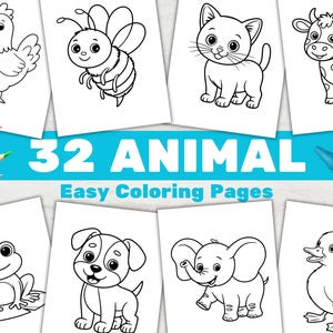 May include: 32 black and white animal colouring pages featuring a chicken, bee, cat, cow, frog, puppy, elephant, and duck. Easy colouring pages for children.