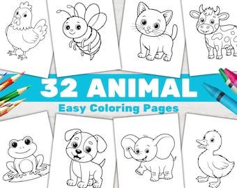 32 Animal Coloring Book for Kids Easy Toddler Activity Pages Preschool Printable Coloring Sheets (PDF)