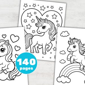 May include: Black and white line drawings of unicorns on white paper. One unicorn is inside a heart shape with stars, another is on a cloud with hearts and stars, and the third is on a rainbow. The text "140 pages" is on a blue circle.