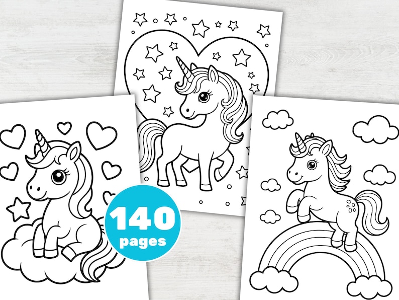 May include: Black and white line drawings of unicorns on white paper. One unicorn is inside a heart shape with stars, another is on a cloud with hearts and stars, and the third is on a rainbow. The text "140 pages" is on a blue circle.