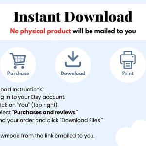 Puede incluir: Un gr&aacute;fico azul y blanco con el texto "Descarga instant&aacute;nea" y "No se enviar&aacute; ning&uacute;n producto f&iacute;sico". El gr&aacute;fico tambi&eacute;n incluye tres iconos: un carrito de compras, una flecha de descarga y una impresora. El texto "Instrucciones de descarga" va seguido de una lista de instrucciones sobre c&oacute;mo descargar un producto digital de Etsy.