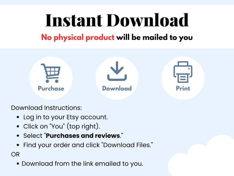 Puede incluir: Un gr&aacute;fico azul y blanco con el texto "Descarga instant&aacute;nea" y "No se enviar&aacute; ning&uacute;n producto f&iacute;sico". El gr&aacute;fico tambi&eacute;n incluye tres iconos: un carrito de compras, una flecha de descarga y una impresora. El texto "Instrucciones de descarga" va seguido de una lista de instrucciones sobre c&oacute;mo descargar un producto digital de Etsy.