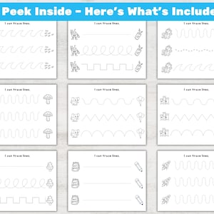 May include: A collection of black and white tracing worksheets for kids. Each worksheet features a different image, such as dolphins, robots, and rockets, with dotted lines for tracing. The text "A Peek Inside - Here's What's Included" is at the top.