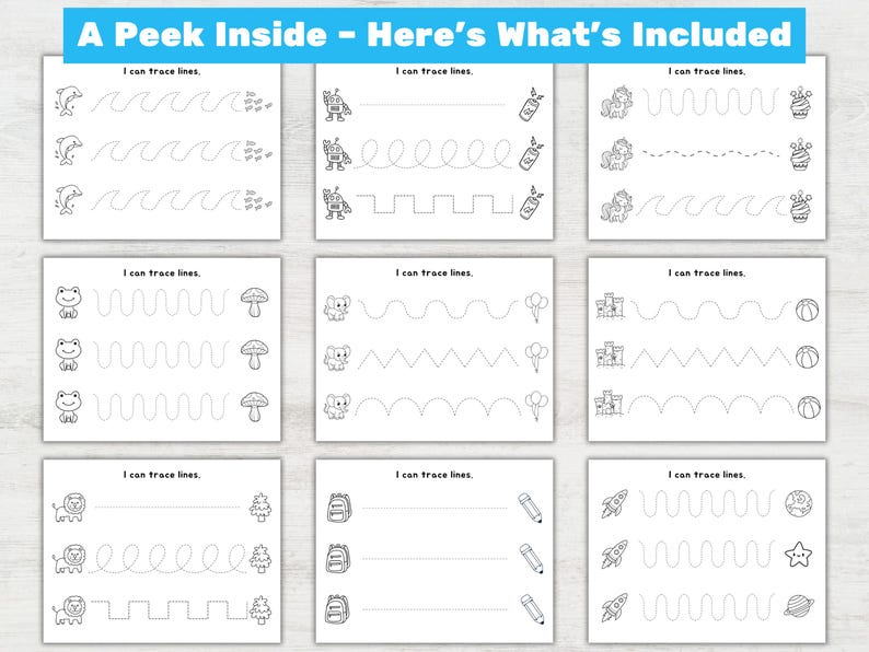 May include: A collection of black and white tracing worksheets for kids. Each worksheet features a different image, such as dolphins, robots, and rockets, with dotted lines for tracing. The text "A Peek Inside - Here's What's Included" is at the top.