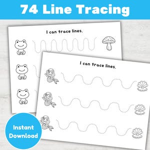 Puede incluir: Dos hojas de trabajo blancas con ejercicios de trazado de líneas. Una hoja presenta ranas y una seta, la otra sirenas y conchas marinas. El texto "I can trace lines" está en la parte superior de cada hoja. Un círculo azul con "Instant Download" está en la parte inferior izquierda.