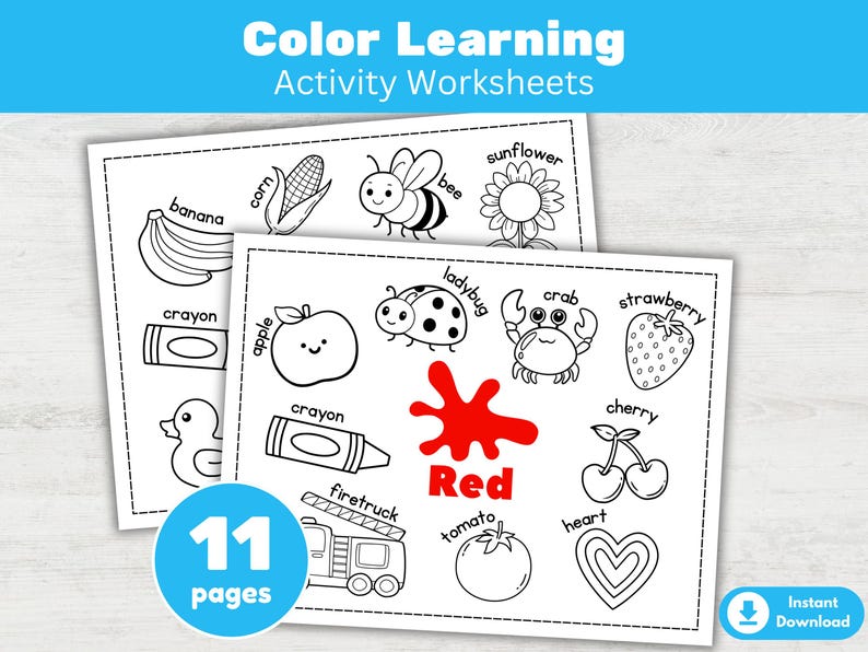 May include: Color learning activity worksheets with illustrations of a banana, corn, bee, apple, ladybug, crab, strawberry, and more. The word "Red" is in red. The worksheets are black and white and include the text "Color Learning Activity Worksheets".