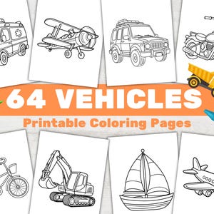 Könnte beinhalten: Ein Set mit 64 druckbaren Malvorlagen mit verschiedenen Fahrzeugen, darunter ein Krankenwagen, ein Flugzeug, ein Auto, ein Motorrad, ein Kipplaster, ein Bagger, ein Segelboot und ein Flugzeug. Die Seiten sind schwarzweiß und zum Ausmalen bereit.