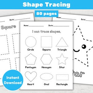 May include: Shape tracing activity pages with the text "Shape Tracing" and "80 pages". The pages feature shapes like circles, squares, triangles, and stars for tracing. Includes the text "Instant Download".