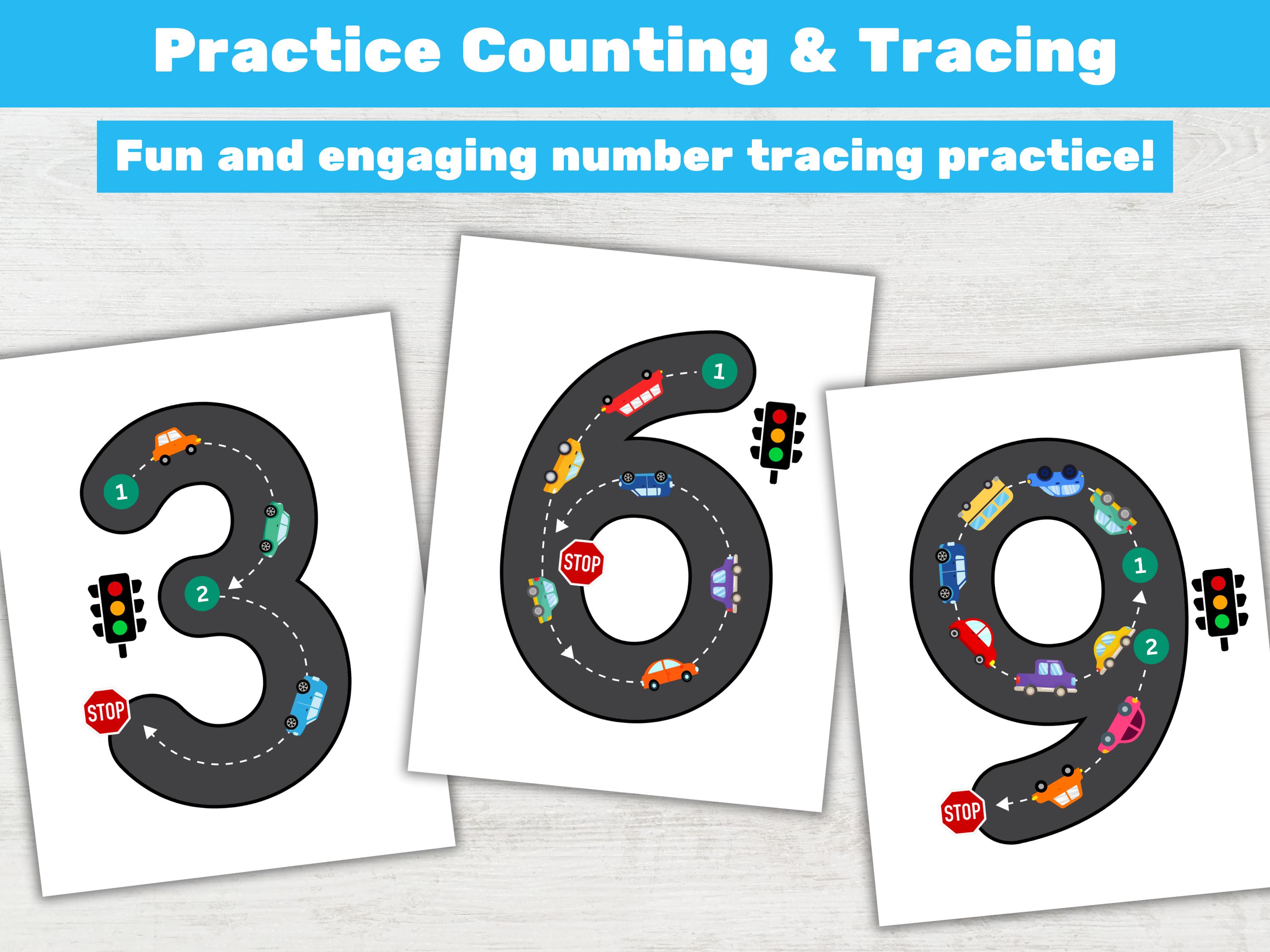 Road Number Example 0-9 Flashcards Car Road Number Tracing Printable, Preschool and ...