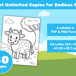 May include: A black and white coloring page featuring a cartoon cow with spots, standing near a tree. The image is labeled "30 pages" and includes text that reads "Print Unlimited Copies for Endless Fun!" and "US Letter (8.5 x 11") & A4 (21 x 29.7 cm)".