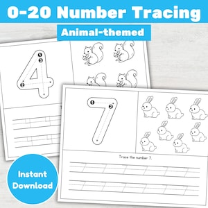 May include: Two black and white number tracing worksheets with animal illustrations. One worksheet shows the number 4 with tracing arrows and squirrel illustrations. The other shows the number 7 with tracing arrows and rabbit illustrations. The text "0-20 Number Tracing" and "Animal-themed" are at the top.