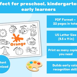 May include: A printable educational worksheet for early learners. The page features illustrations of objects and the color orange, with the text "Orange" prominently displayed. Includes a paint palette and the text "Instant Download".