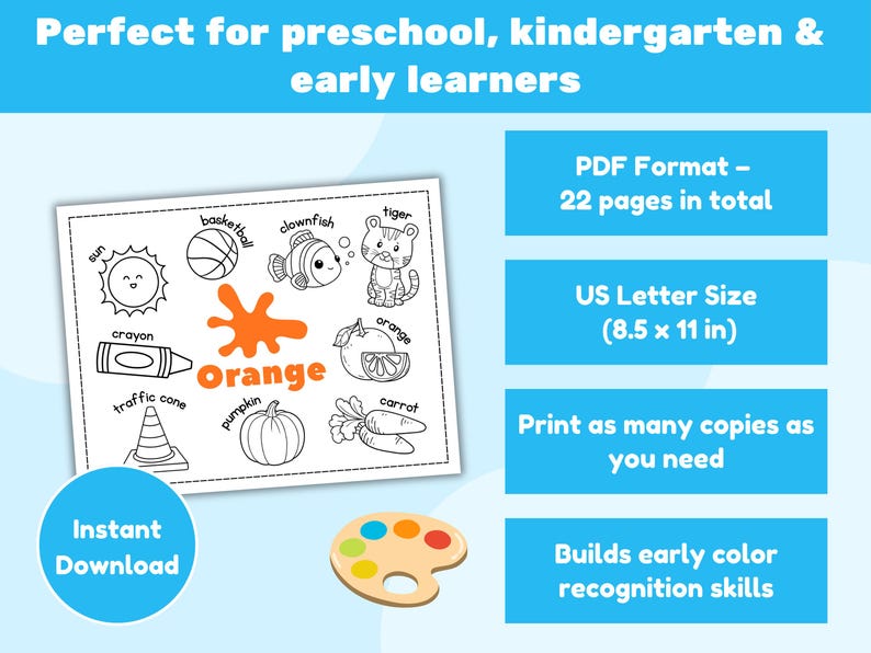 May include: A printable educational worksheet for early learners. The page features illustrations of objects and the color orange, with the text "Orange" prominently displayed. Includes a paint palette and the text "Instant Download".