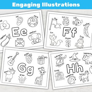 May include: Four black and white illustrations with the letters E, F, G, and H. Each letter is surrounded by related images, such as an elephant, a fox, a giraffe, and a helicopter. The text "Engaging Illustrations" is at the top.