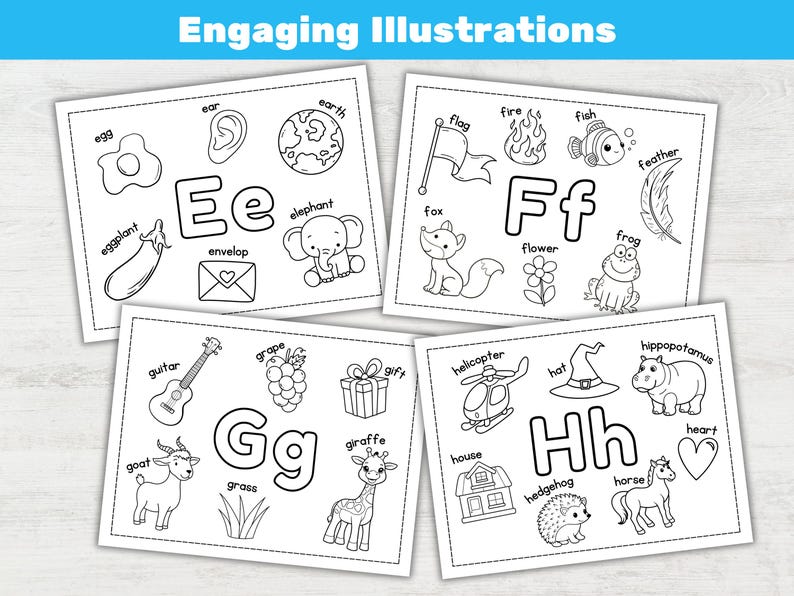 May include: Four black and white illustrations with the letters E, F, G, and H. Each letter is surrounded by related images, such as an elephant, a fox, a giraffe, and a helicopter. The text "Engaging Illustrations" is at the top.