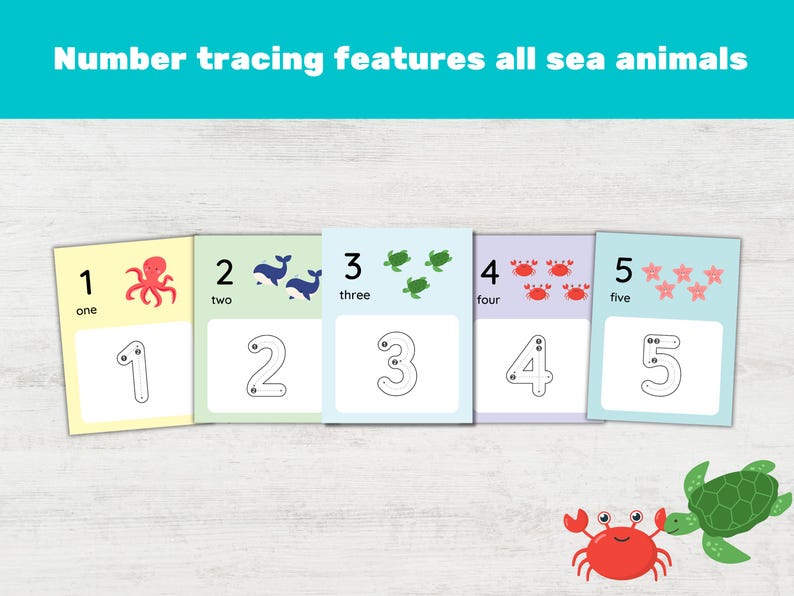 Puede incluir: Cinco tarjetas coloridas con ilustraciones de animales marinos y los n&uacute;meros del 1 al 5. Cada tarjeta tiene una l&iacute;nea punteada que traza el n&uacute;mero para que los ni&ntilde;os puedan practicar la escritura.