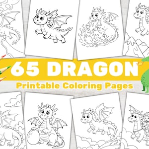 Może przedstawiać: 65 czarno-białych stron do kolorowania do wydrukowania z uroczymi kreskówkowymi smokami w różnych pozach. Strony zawierają smoki latające, oddychające ogniem i trzymające przedmioty.