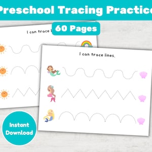 May include: A printable worksheet for preschoolers to practise tracing lines. The worksheet features a mermaid, a seashell, and a sun. The text on the worksheet reads "I can trace lines".