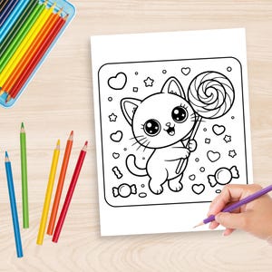May include: A black and white coloring page featuring a cartoon cat holding a lollipop, surrounded by hearts, stars, and candies. A hand is holding a purple pencil, ready to color the image. Colored pencils in a blue case are visible.