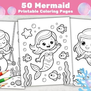 May include: Three black and white mermaid coloring pages with different mermaid designs, fish, and underwater elements. The text "50 Mermaid Printable Coloring Pages" is at the top. A set of colored pencils is in the lower left corner.