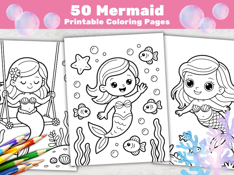 Może przedstawiać: Trzy czarno-białe kolorowanki z syrenami z r&oacute;żnymi wzorami syren, rybami i elementami podwodnymi. Tekst "50 Mermaid Printable Coloring Pages" znajduje się na g&oacute;rze. Zestaw kolorowych oł&oacute;wk&oacute;w znajduje się w lewym dolnym rogu.
