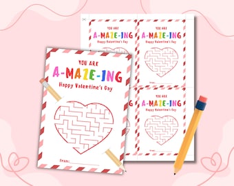 Maze Valentine's Day Cards for Kids, Fun Classroom Valentine Maze Activity Printable (PDF)