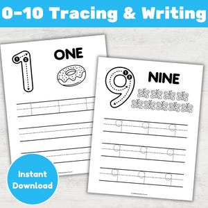May include: Two black and white worksheets for tracing and writing numbers 0-10. One sheet shows the number 1 with a dotted line for tracing and the word "ONE" with a donut illustration. The other sheet shows the number 9 and the word "NINE" with butterfly illustrations.