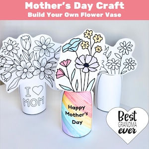 Tarjeta para colorear imprimible para el Día de la Madre, manualidad para construir tu propio florero, tarjeta para el Día de la Madre, para niños, actividad para la educación en casa, tarjeta DIY, preescolar