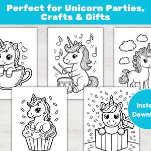 May include: A collection of black and white unicorn-themed coloring pages. Each page features a different unicorn design, including unicorns in a teacup, playing drums, holding a balloon, on a cupcake, and in a gift box. Text reads "Perfect for Unicorn Parties, Crafts & Gifts" and "Instant Download".