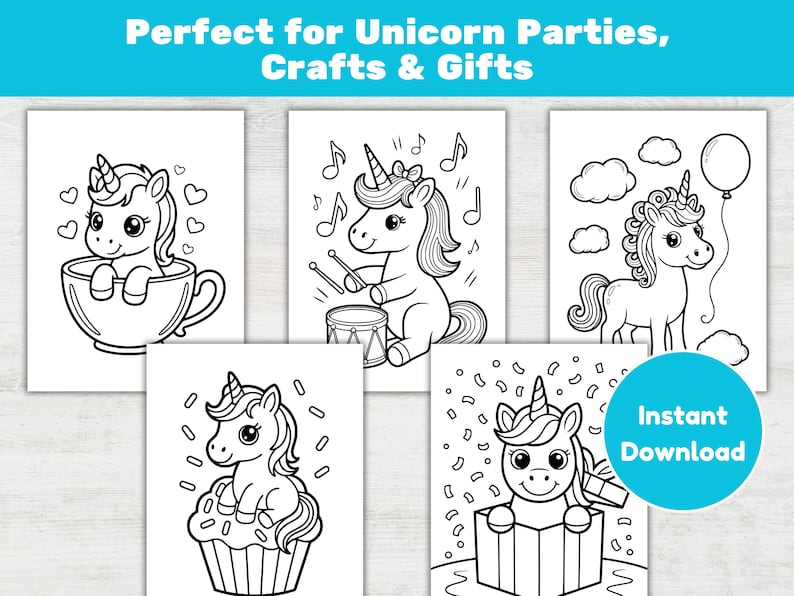 May include: A collection of black and white unicorn-themed coloring pages. Each page features a different unicorn design, including unicorns in a teacup, playing drums, holding a balloon, on a cupcake, and in a gift box. Text reads "Perfect for Unicorn Parties, Crafts & Gifts" and "Instant Download".