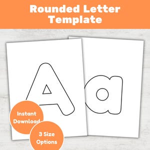 Puede incluir: Una plantilla digital que presenta la letra mayúscula A y la letra minúscula a en un estilo de fuente redondeada. El texto Rounded Letter Template, Instant Download y 3 Size Options es visible en las páginas blancas con contornos negros.
