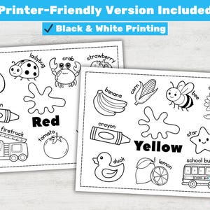 May include: Two black and white printable coloring pages with the words "Red" and "Yellow". Each page features various objects like an apple, ladybug, crayon, fire truck, tomato, banana, corn, bee, sunflower, star, duck, lemon, and school bus.