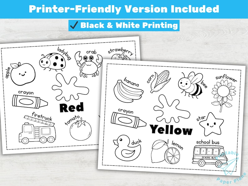 May include: Two black and white printable coloring pages with the words "Red" and "Yellow". Each page features various objects like an apple, ladybug, crayon, fire truck, tomato, banana, corn, bee, sunflower, star, duck, lemon, and school bus.