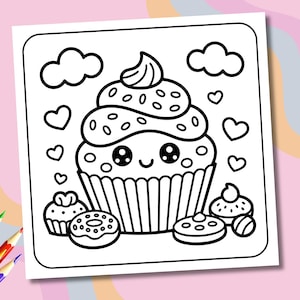 May include: Black and white line art illustration of a cupcake with a smiling face, surrounded by hearts, clouds, and other small desserts. The cupcake has a large swirl of frosting with sprinkles.