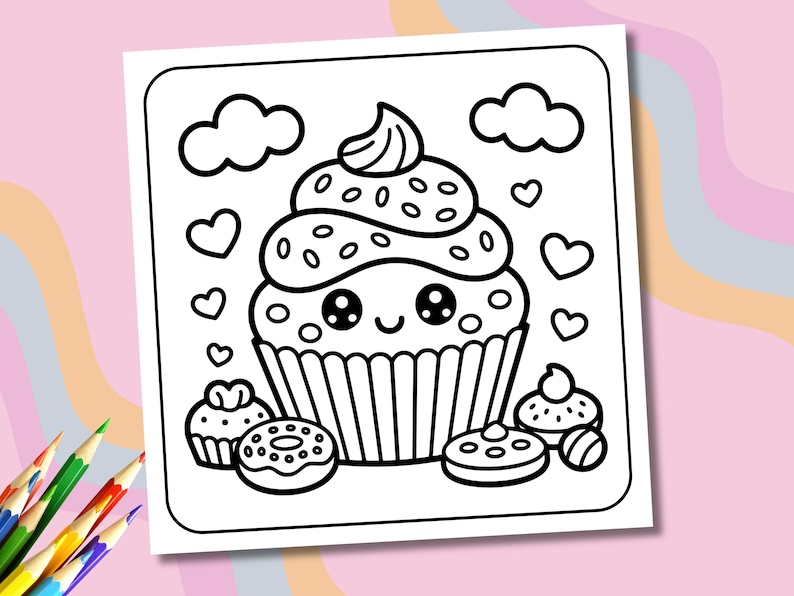 May include: Black and white line art illustration of a cupcake with a smiling face, surrounded by hearts, clouds, and other small desserts. The cupcake has a large swirl of frosting with sprinkles.
