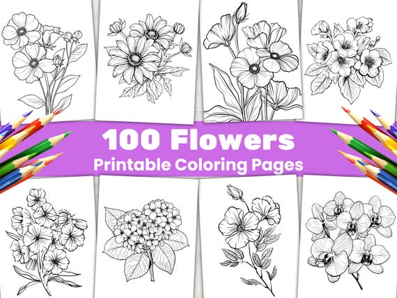 100 Bloom and Botanical Coloring Pages Bundle Printable Realistic Flower Illustration Book for Adults Kids PDF (PDF)